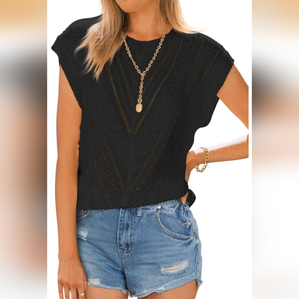 Black Eyelet Knit Cap Sleeve Top - Women